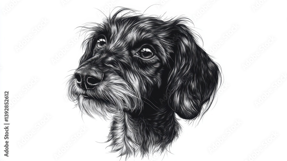 Intricate line art portrait of a dark-furred dog with expressive eyes, capturing a detailed and textured aesthetic Intricate line art portrait of a dark-furred dog with expressive eyes, capturing a detailed and textured aesthetic