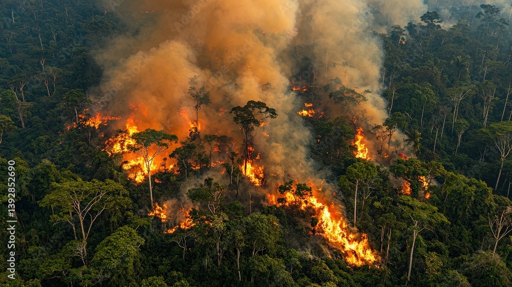 Fototapeta premium Aerial view of a forest fire with thick smoke rising above burning trees, highlighting the devastation to the landscape and environment.