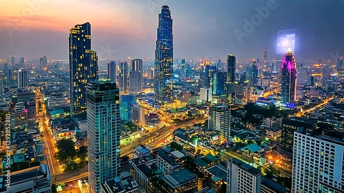 Wallpaper Mural A vibrant city skyline at dusk showcasing modern skyscrapers and bustling streets below Torontodigital.ca