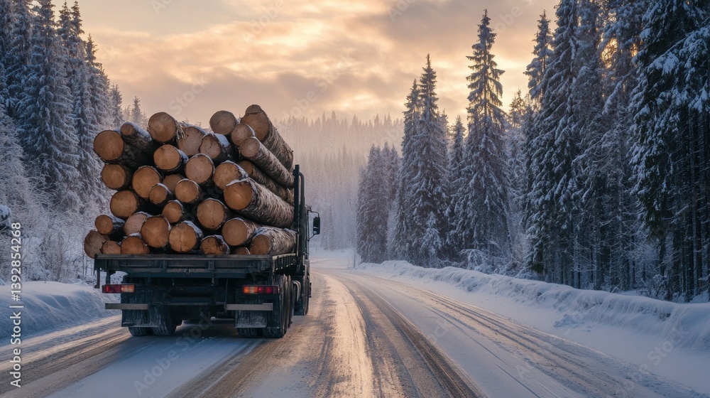 Truck transporting limber logs. Deforestation. Ecology. Environment conservation topic.