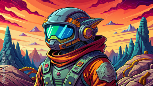 Astronaut portrait on mysterious land of the galaxy under a strange colored sky, game banner