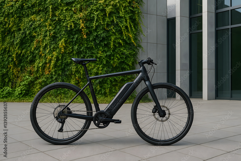 Fototapeta premium Modernes schwarzes E-Bike vor urbaner Architektur – umweltfreundliche Mobilität 