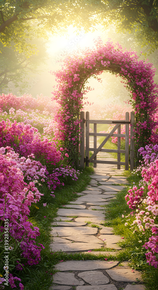 Fototapeta premium Stone pathway is leading through a vibrant flower garden towards a wooden gate covered in pink flowers.