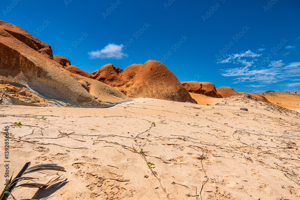 The rock formations at Canoa Quebrada Beach at Canoa Quebrada, state of Ceara, Brazil