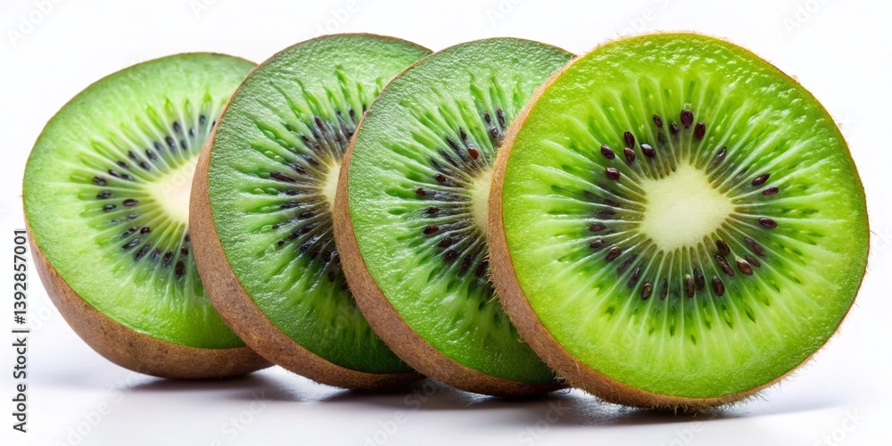 Fototapeta premium Closeup of a Freshly Sliced Kiwi Vibrant Green Goodness Isolated Against White Perfect for Food Photography or Culinary
