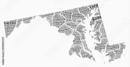 Maryland Text Style Counties. State region names word clouds in English language. Classy vector illustration.