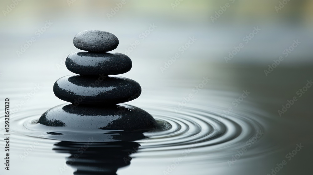 Obraz premium Stacked smooth grey stones on calm water, ripples.