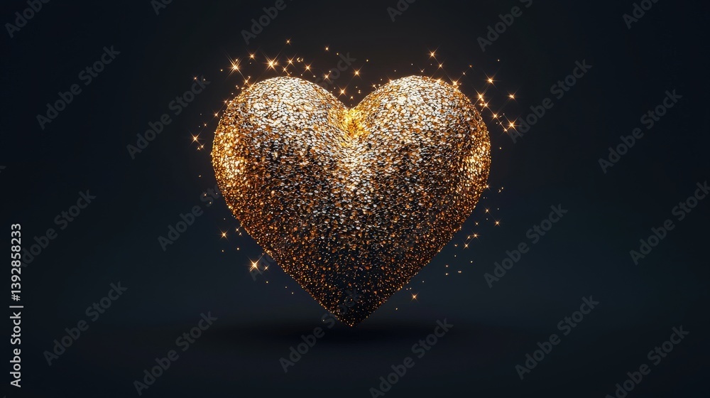 A sparkling golden heart on a dark background, radiating warmth and love through shimmering particles. A sparkling golden heart on a dark background, radiating warmth and love through shimmering particles.