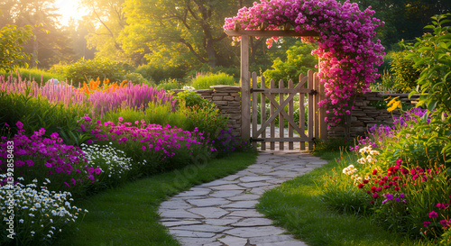 Fototapeta Naklejka Na Ścianę i Meble -  Stone pathway is leading through a vibrant flower garden towards a wooden gate covered in pink flowers.
