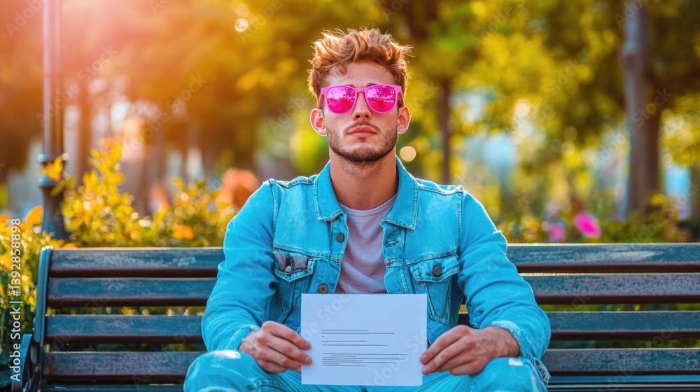 Young caucasian man in stylish denim and pink sunglasses sitting on park bench Young caucasian man in stylish denim and pink sunglasses sitting on park bench