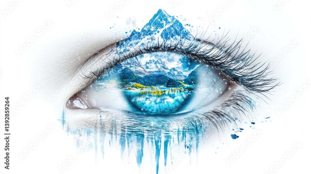 Fototapeta premium Surreal landscape reflected in eye of caucasian woman