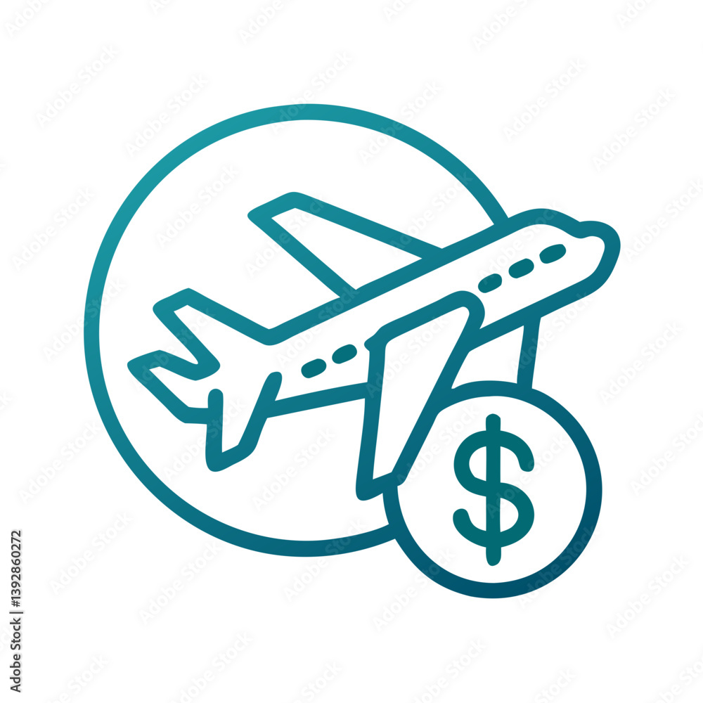 Airplane with Dollar Coin Icon for Budget Travel, Airline Sales, and Flight Booking Apps Airplane with Dollar Coin Icon for Budget Travel, Airline Sales, and Flight Booking Apps
