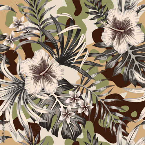 Tropical vintage palm leaves, hibiscus flower seamless pattern camouflage background. Exotic floral wallpaper.