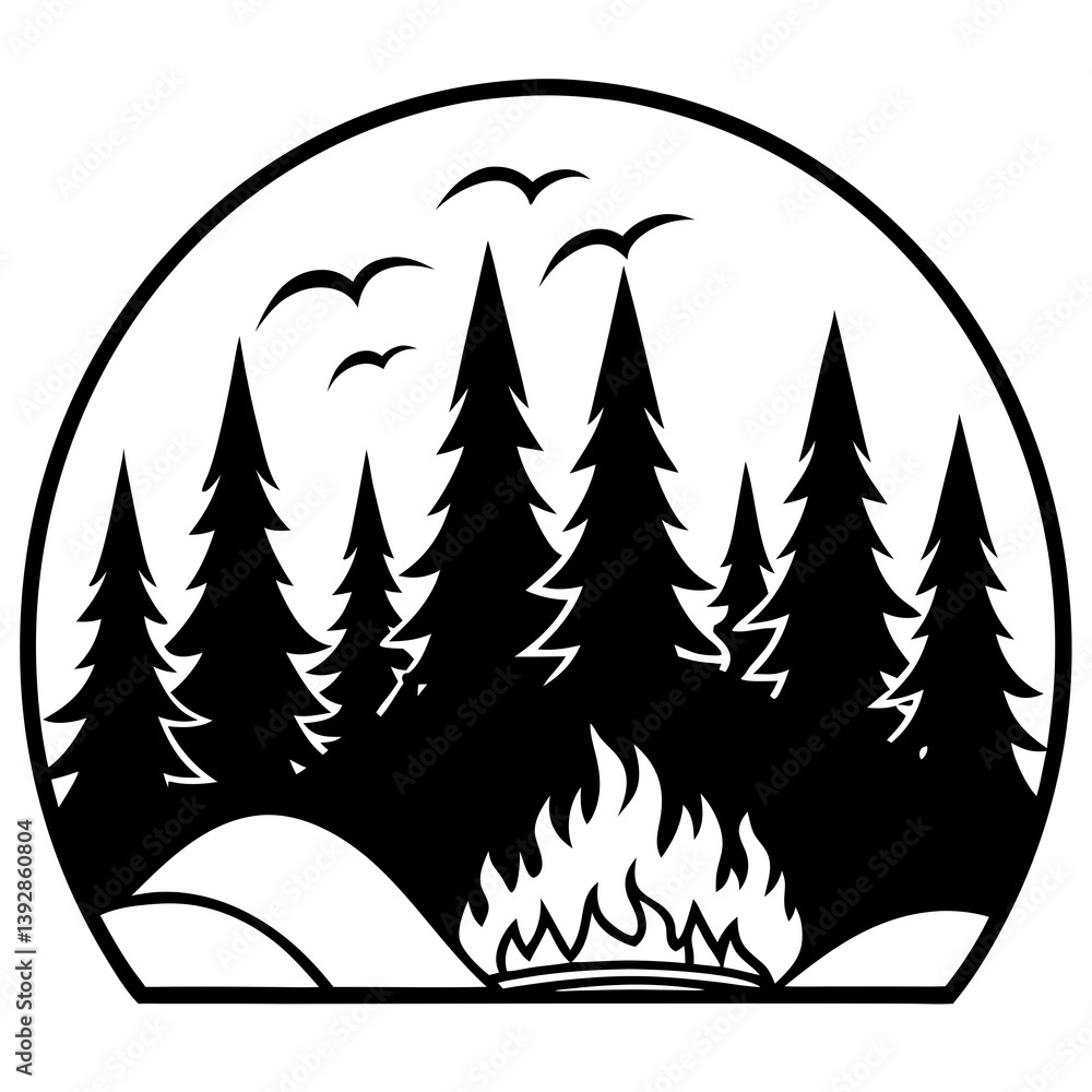 Obraz premium Blazing Sunset Over Forest vector silhouette black design white background