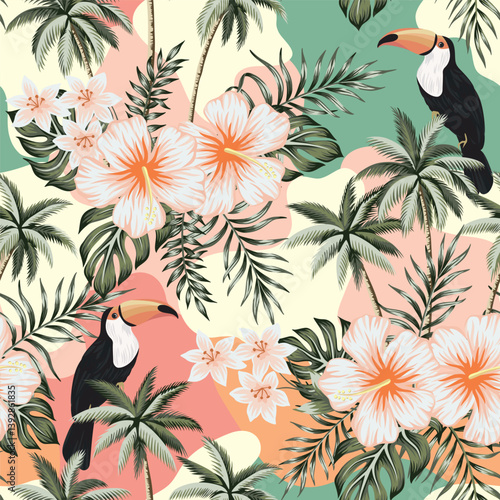 Tropical vintage palm leaves, palm tree, pink hibiscus flower, toucan floral seamless pattern. Exotic jungle wallpaper.
