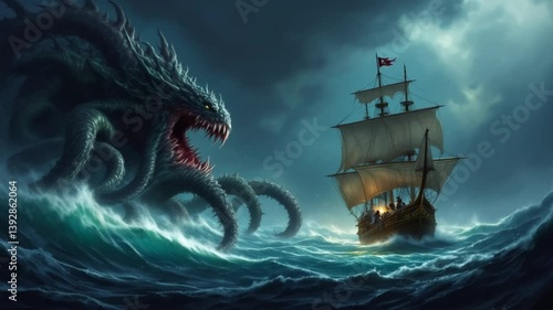 Dark Ocean Kraken Attacks Sailing Ship at Night