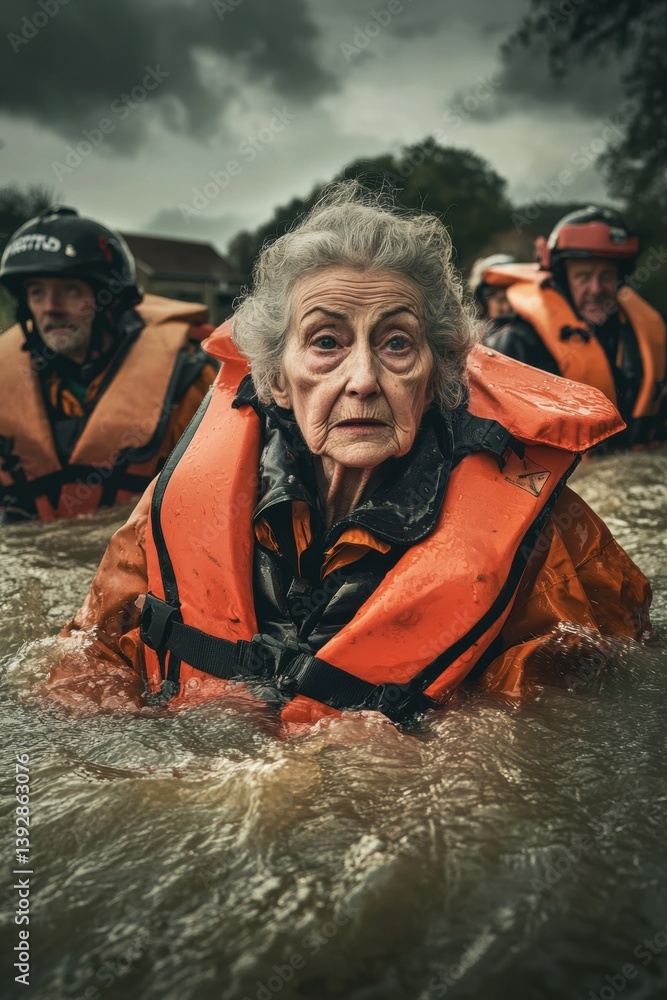 Rescue team rescue a senior person in water in flood disaster.