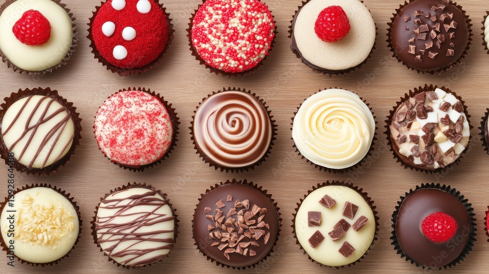 Assorted mini cupcakes with various toppings arranged on a wooden surface. Assorted mini cupcakes with various toppings arranged on a wooden surface.