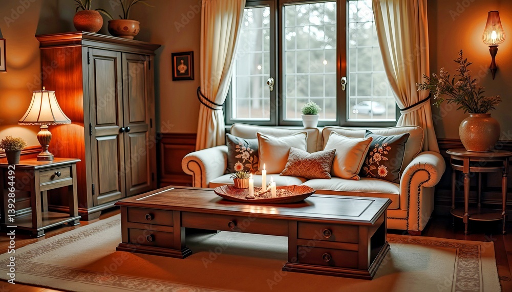 Fototapeta premium Cozy Traditional Living Room Interior with Wooden Furniture and Large Windows