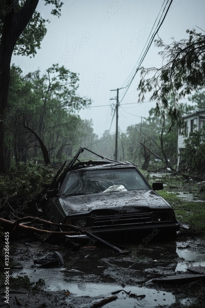 Car damaged by flood water. Devastating scene of flood disaster. Global climate change.