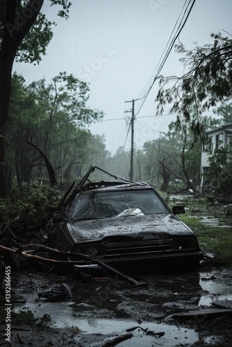 Obraz na płótnie Car damaged by flood water. Devastating scene of flood disaster. Global climate change. w salonie