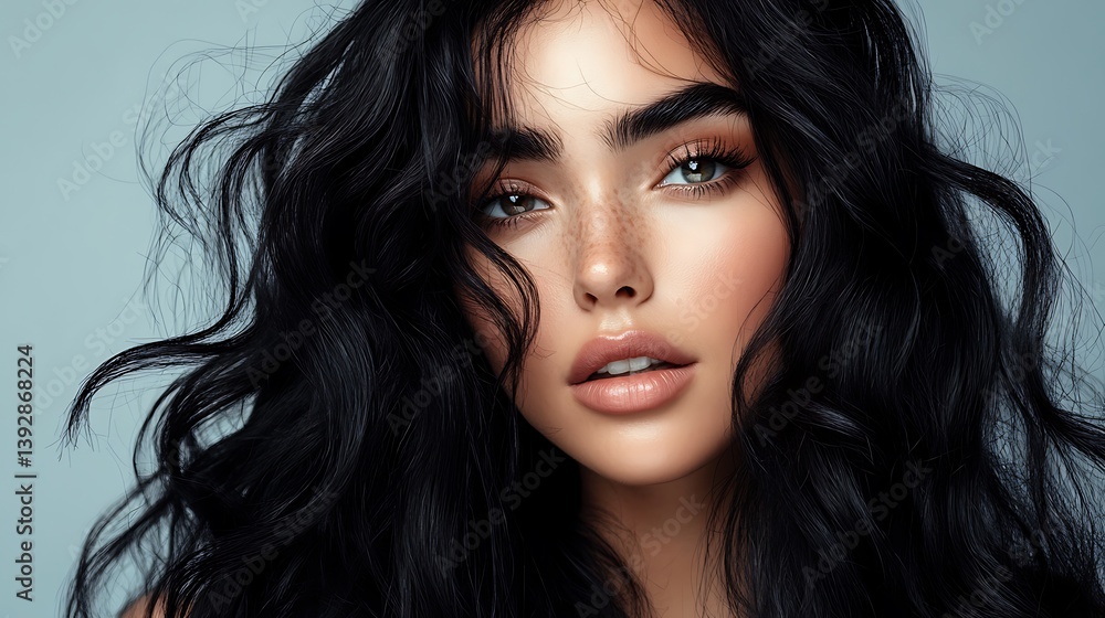 Naklejka premium close view of woman with shiny long black hair and beautiful makeup showcasing confidence and feminine elegance in fashion and beauty shoot