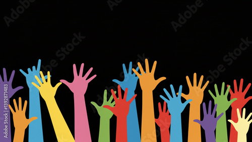 Multicolored hands reaching upwards on a black background. Perfect for banners, postcards, and background designs. Vector artwork