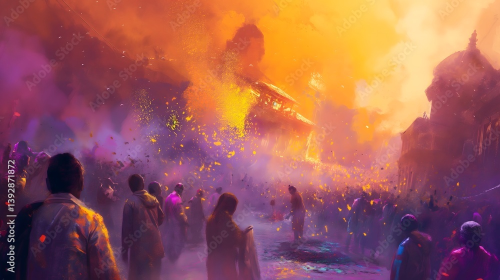 Colorful Festival Crowds in a Mystical Setting