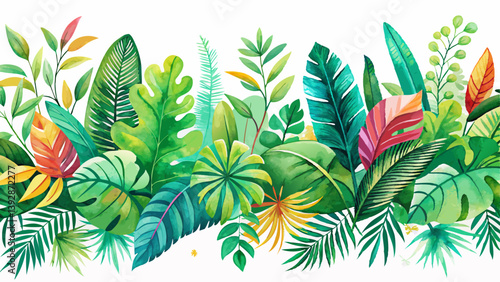 Seamless watercolor border with green tropical foliage.