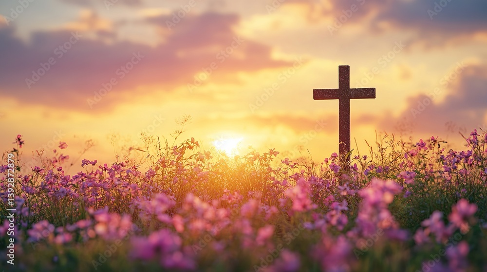 Christian cross in field of flowers at sunset easter background faith and hope religious symbol concept 100 Christian cross in field of flowers at sunset easter background faith and hope religious symbol concept 100