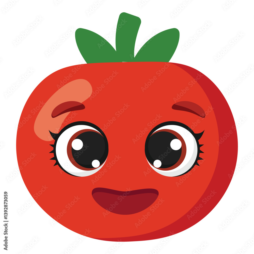 Happy red tomato with cute facial expression and wide eyes, perfect for kids materials, healthy food ads or organic farm visuals Happy red tomato with cute facial expression and wide eyes, perfect for kids materials, healthy food ads or organic farm visuals
