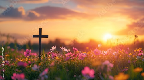 Christian cross flowers field sunset background easter sunrise religion faith hope love jesus christ god