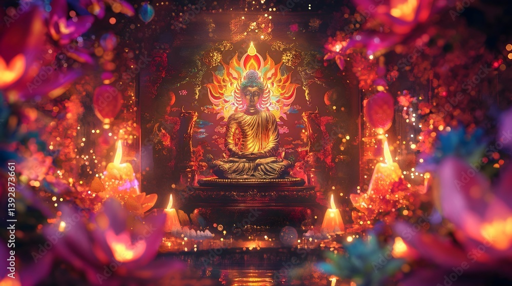 Buddha Statue in a Sacred Space, Illuminated by Candles
