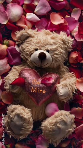 Obraz na płótnie Teddy Bear with Rose Petals and Heart w salonie