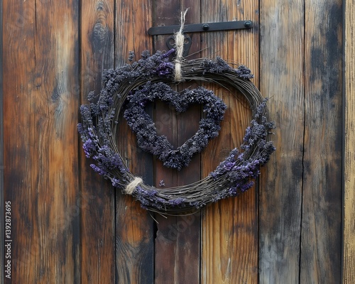 Obraz na płótnie Lavender Wreath on Rustic Wooden Door w salonie