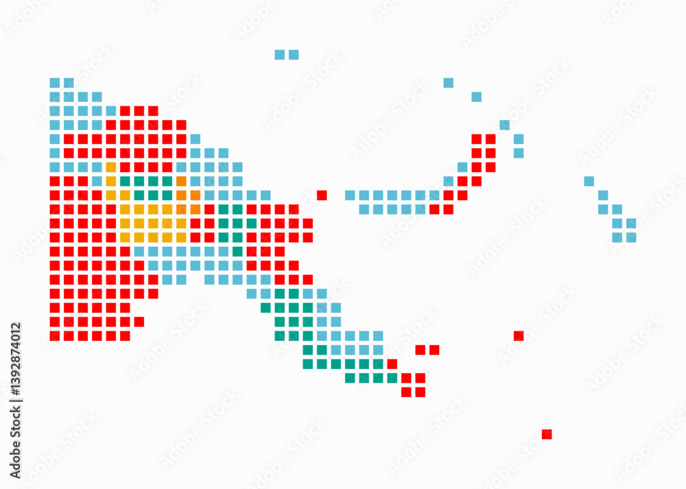 Papua New Guinea dotted map. Digital style map of the country on white background. Papua New Guinea shape with square dots. Colored dots style. Large size squares. Vibrant vector illustration. Papua New Guinea dotted map. Digital style map of the country on white background. Papua New Guinea shape with square dots. Colored dots style. Large size squares. Vibrant vector illustration.
