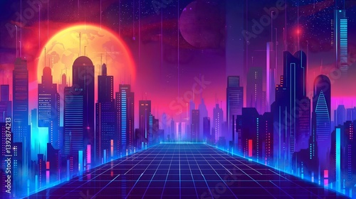 Obraz na płótnie Neon Cityscape Horizon w salonie