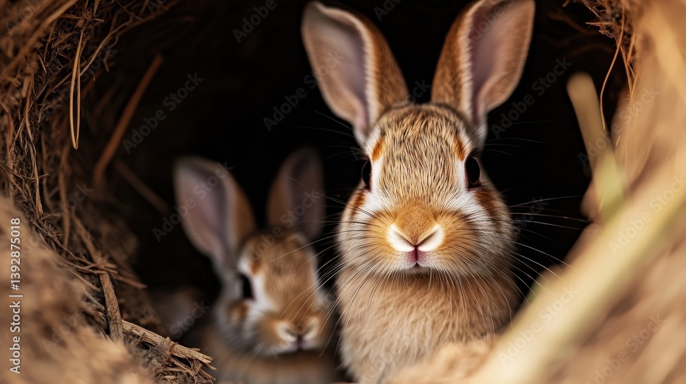 Obraz premium Rabbit Burrow Safety Concept, Two Cute Rabbits Peeking Out from Their Cozy Burrow with Long Ears and Tiny Noses
