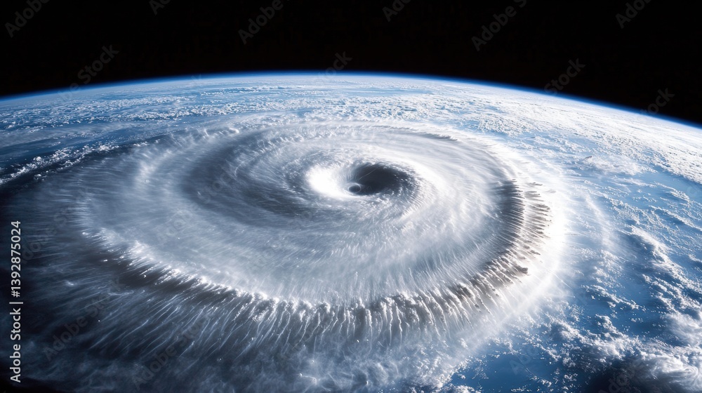 Satellite image of hurricane storm cloud viewed from space.