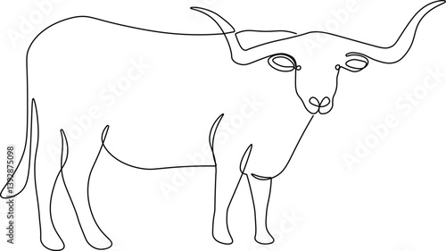Long horn cattle in continuous line art drawing style. Minimalist black linear sketch isolated on white background. Animal vector illustration