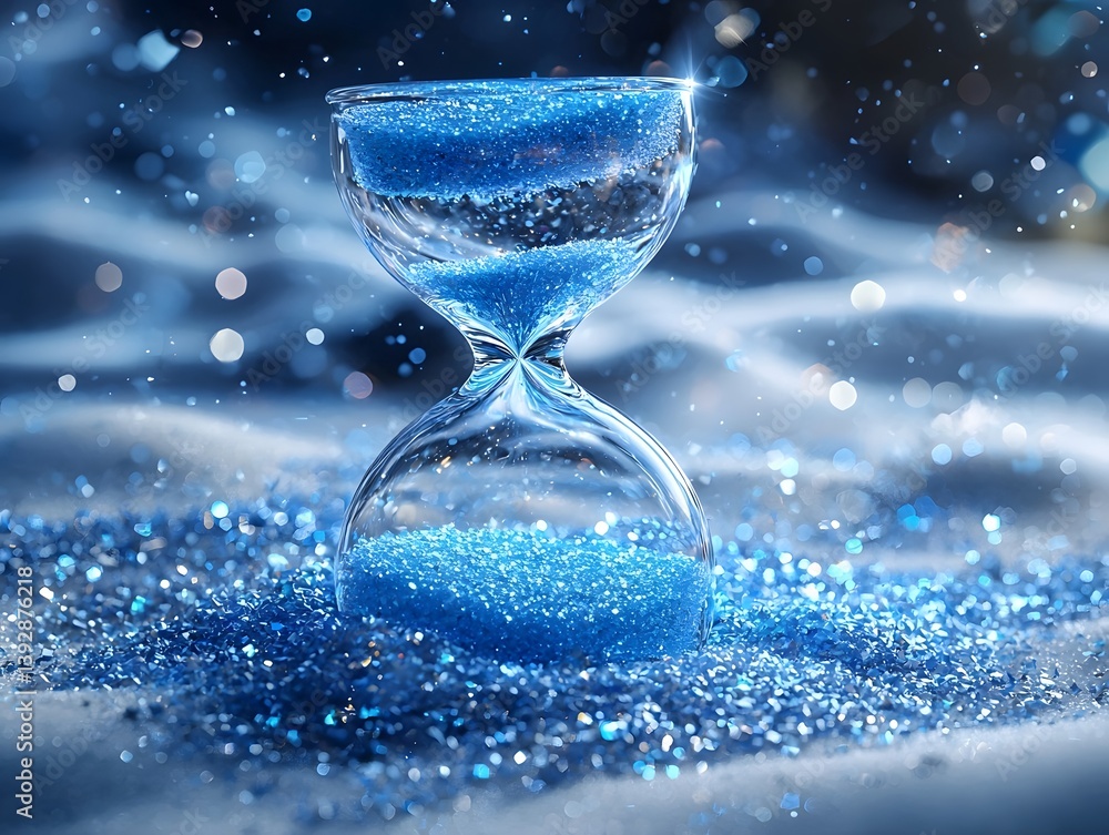 An icy hourglass glimmering in soft blue light