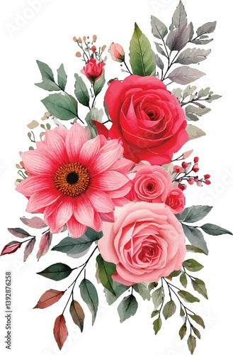  A close-up view of pink roses and colorful flowers arranged beautifully with fresh leaves. A beautiful bouquet of red roses and vibrant flowers with green leaves on white background.
