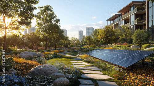 Solar panels generating electricity in city park, modern building background Sustainable development green earth emphasize on environmental conservation, climate change using clean energy Illustration