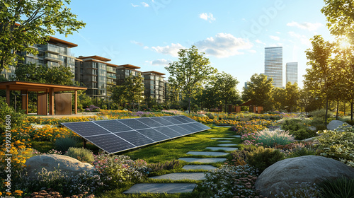 Solar panels generating electricity in city park, modern building background Sustainable development green earth emphasize on environmental conservation, climate change using clean energy Illustration