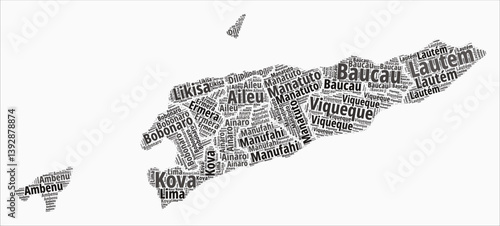 Timor-Leste Text Style Regions. Country region names word clouds in the Portuguese language. Creative vector illustration.