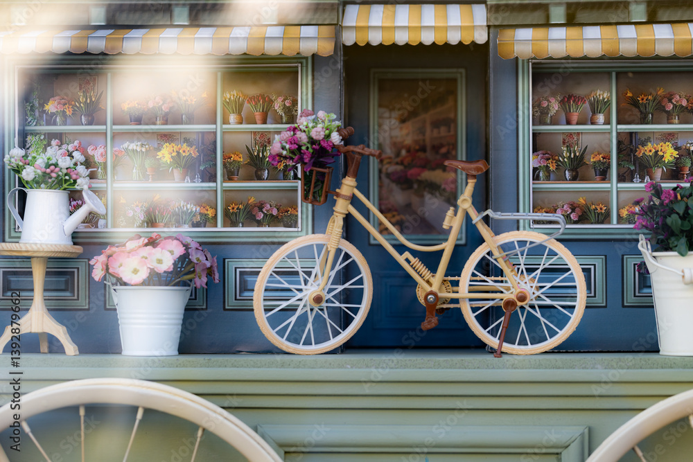 Closeup of bicycle decoration toy in the window