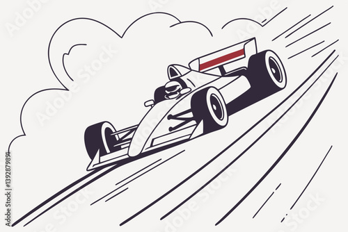 Formula car illustration with speed, racing on a track against a cloudy backdrop
