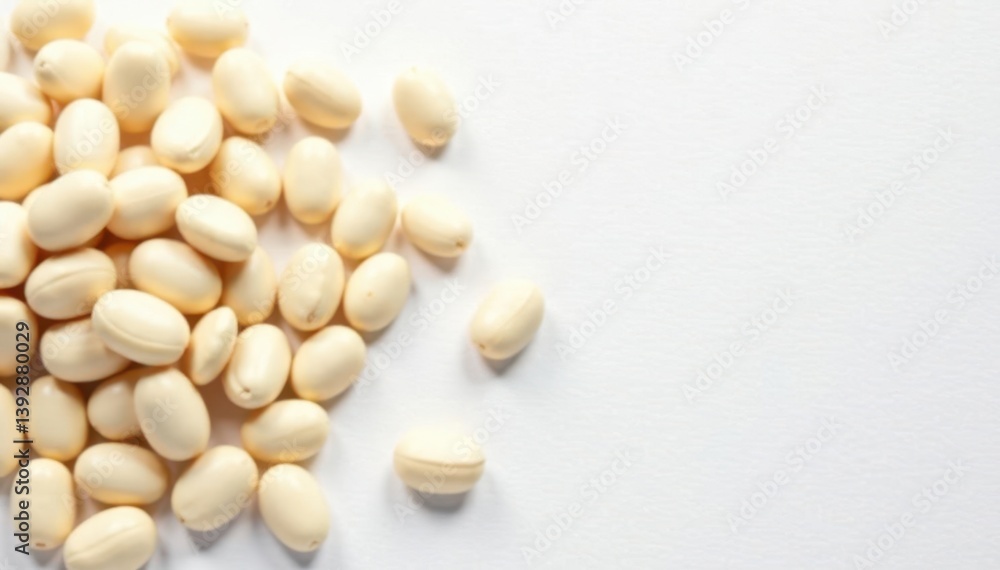 Scattered white beans on pristine white background, legume, white, food