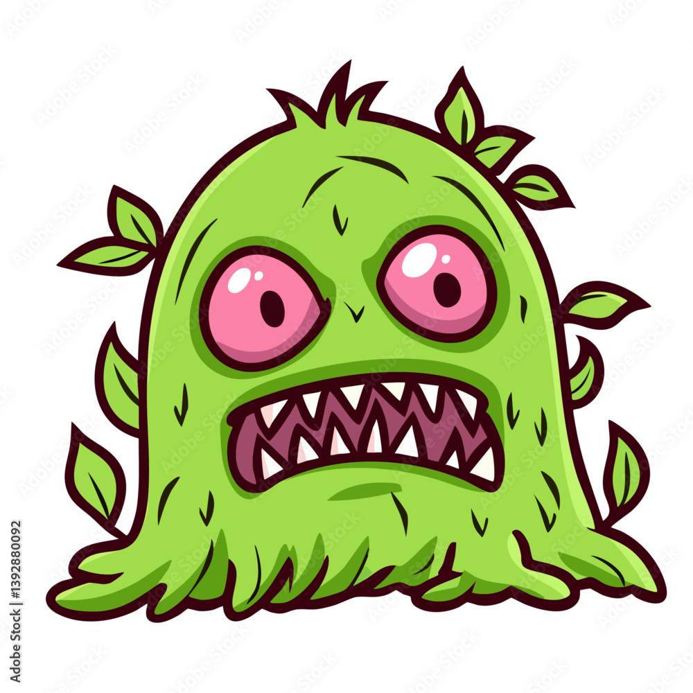 Fototapeta premium Green forest monster, scary pink eyed creature made of moss grass and leaves, grassman with open mouth with teeth, hand drawn doodle cartoon character clip art, isolated simple vector illustration