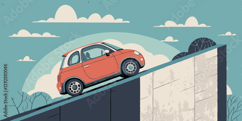 Small car illustration with determination, climbing a steep slope against a blue sky 